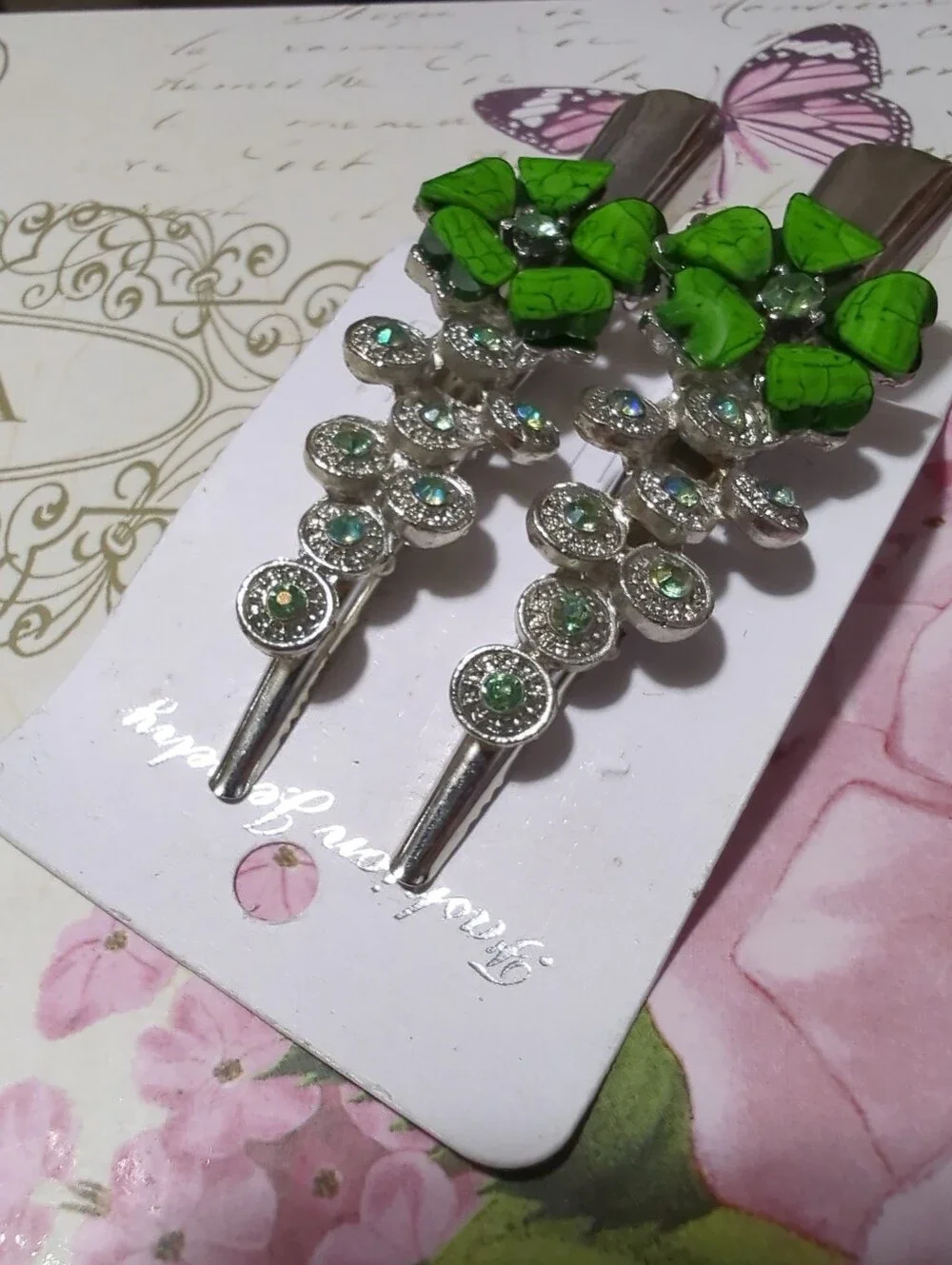 Pair of New / Old Stock Silver Tone Green Jeweled Pelican Style Hair Clips